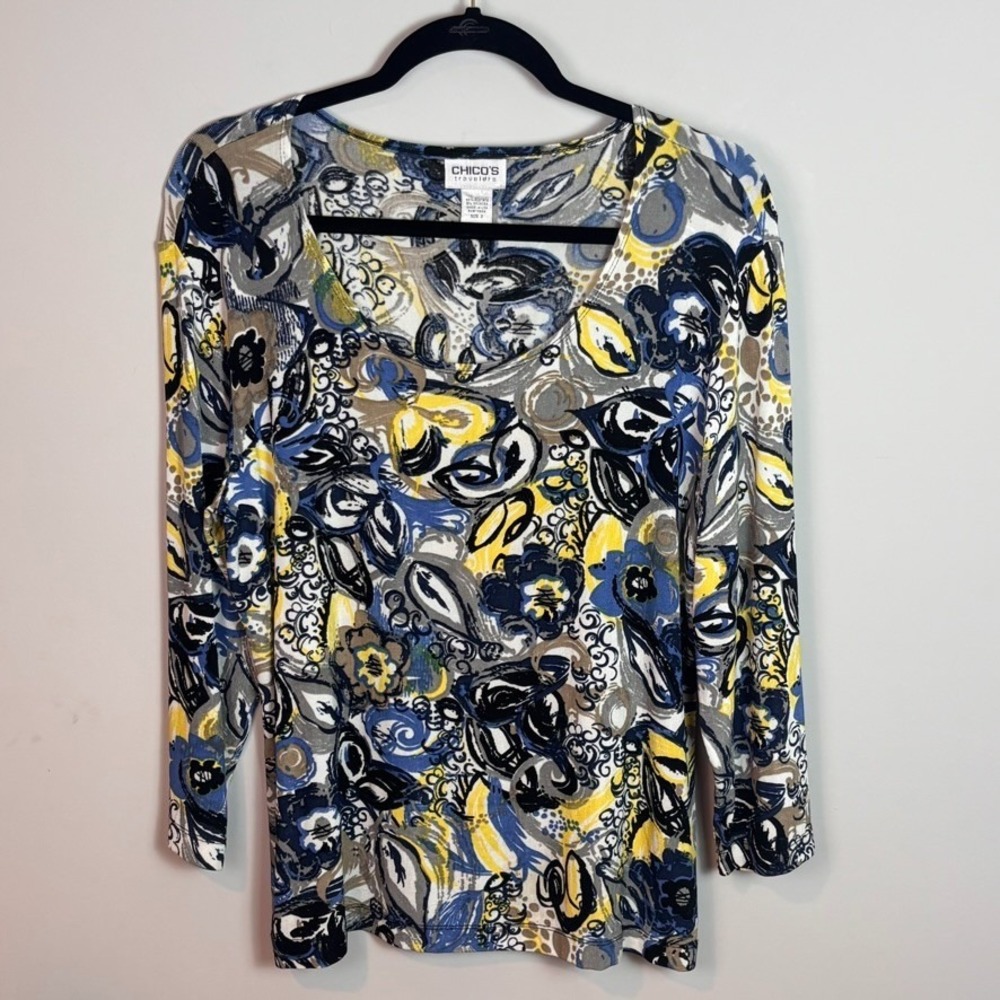 Chico's Travelers Womens Blue Yellow Floral Y2K Stretch 3/4 Sleeve Top sz 2/LG